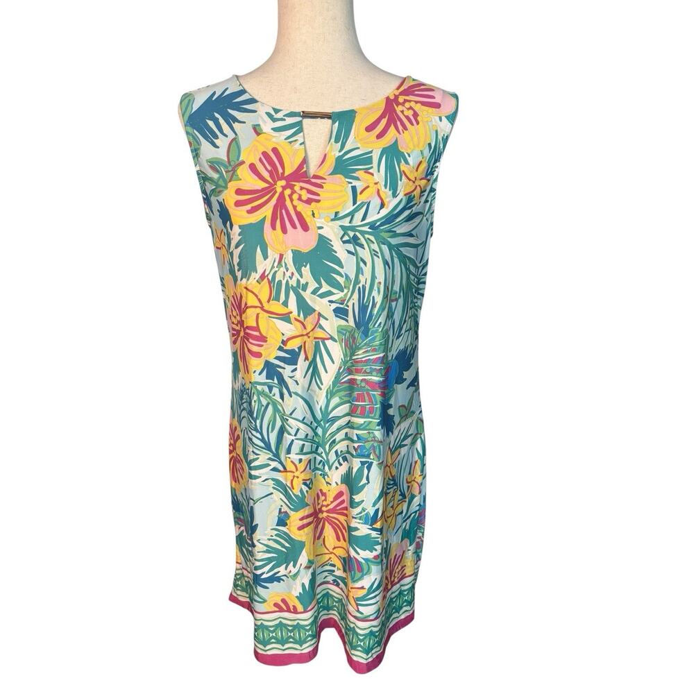Maria Gabrielle Size Large Teal Pink Stretch Floral Jersey Knit Sheath Dress